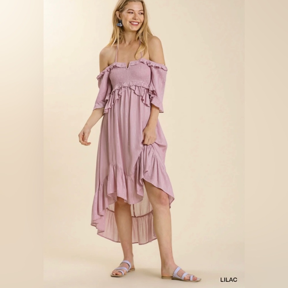 UMGEE Striped Metallic Print Off Shoulder Dress